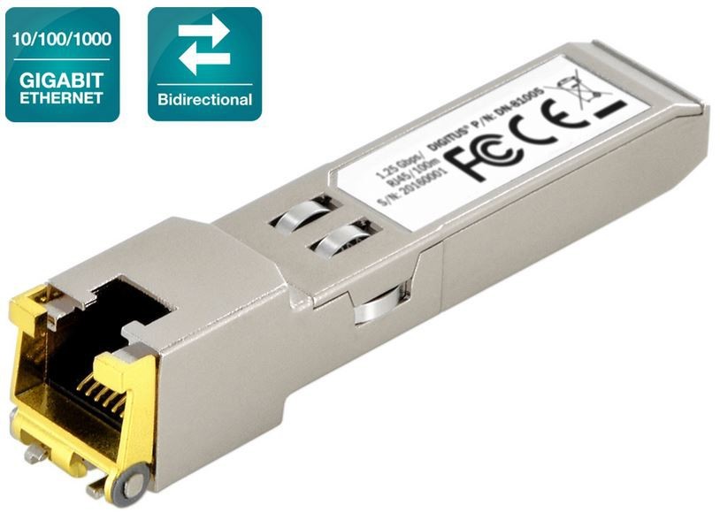 SFP transceiver module in silver metal casing with a yellow connector, labeled with specifications for 1.2 GBit/s and 100 M network compatibility.