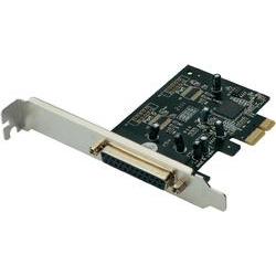 Black PCI Express card with a silver metal bracket, featuring a 25-pin parallel port connector and various electronic components on the surface.