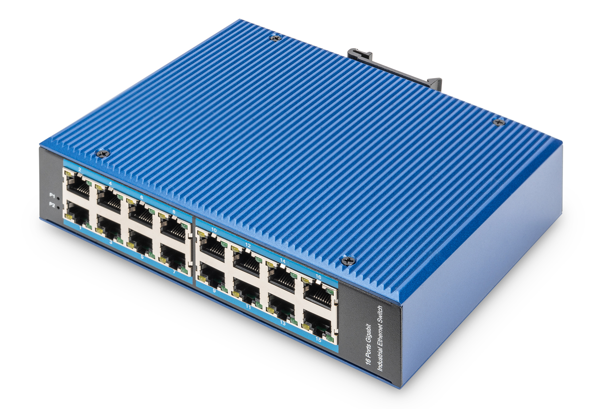 Blue metal industrial Ethernet switch with 16 ports labeled for 10/100/1000 Mbps, featuring a ribbed design and a mounting bracket on the side.