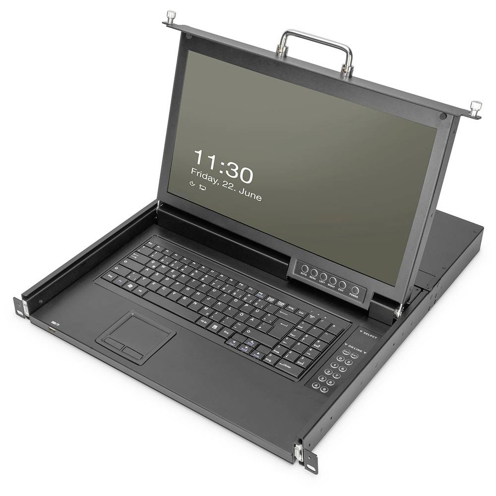 17" HD LCD KVM console in black with a foldable design, featuring a German keyboard, touchpad, and control buttons, ideal for managing multiple servers.