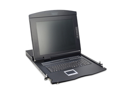 17-inch LCD KVM console in black with a foldable design, featuring an 8-port VGA connection and a US keyboard layout.