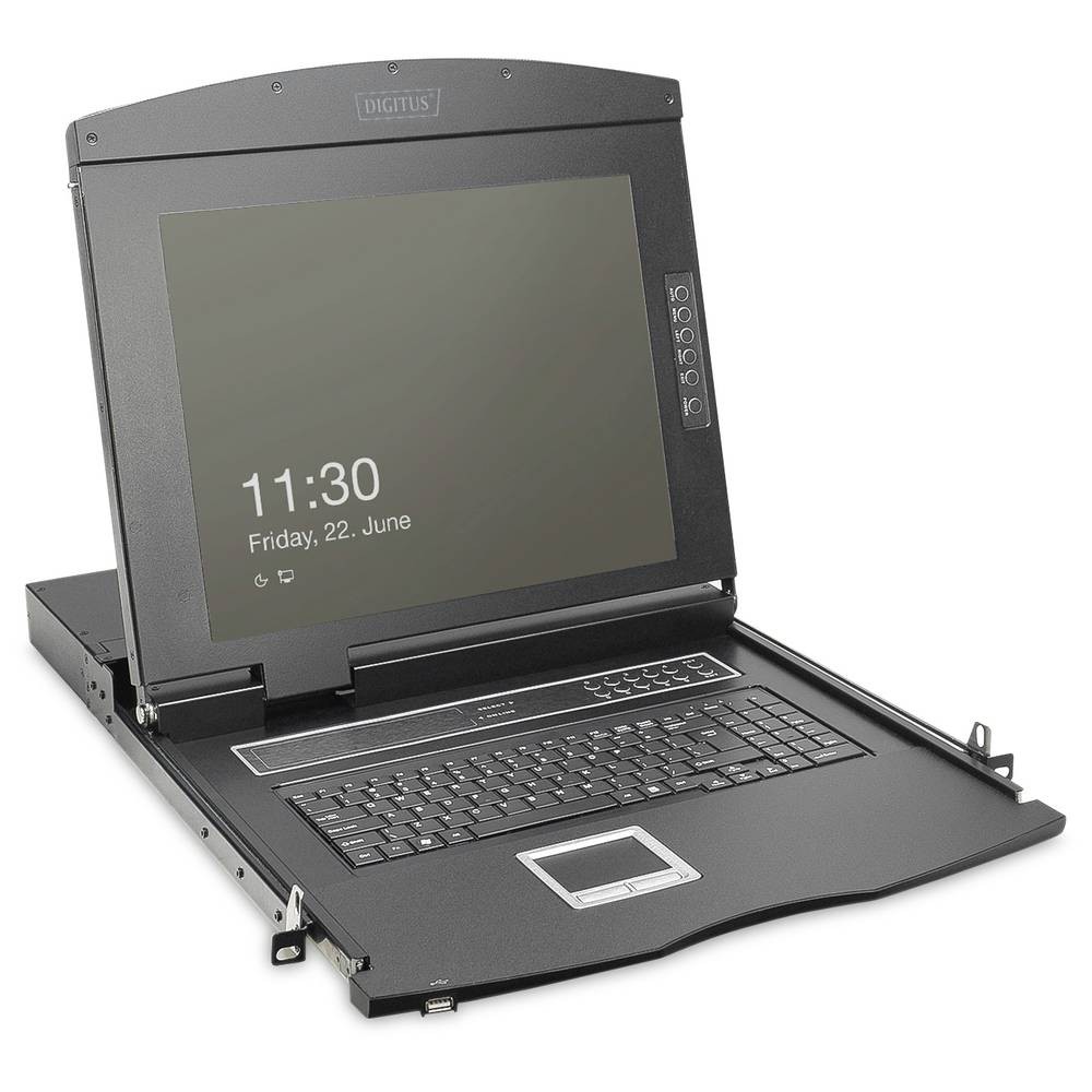 19" HD LCD KVM console with a sleek black design, featuring an integrated German keyboard, touchpad, and a clear display, ideal for managing multiple devices.
