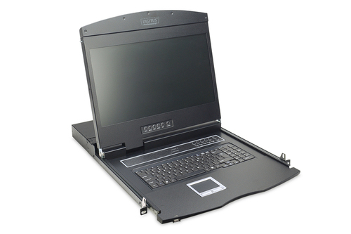 Black 19" LCD KVM console with a built-in VGA port, featuring a German keyboard and a sleek design, ideal for server management in a compact format.