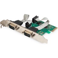 Green Digitus 2-Port Serial Interface Card, PCIe, with two DB9 ports and ribbon cables on a metal bracket.