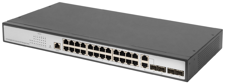24-port managed Gigabit switch in a sleek black metal casing, featuring 19-inch rack compatibility and two uplink ports on one side for enhanced connectivity.