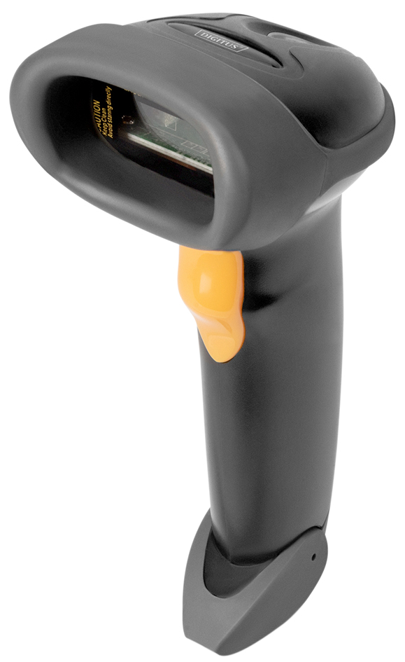 Black handheld scanner with a textured grip, yellow trigger, and LED indicator, designed for scanning 1D and 2D barcodes, includes a base for easy docking.