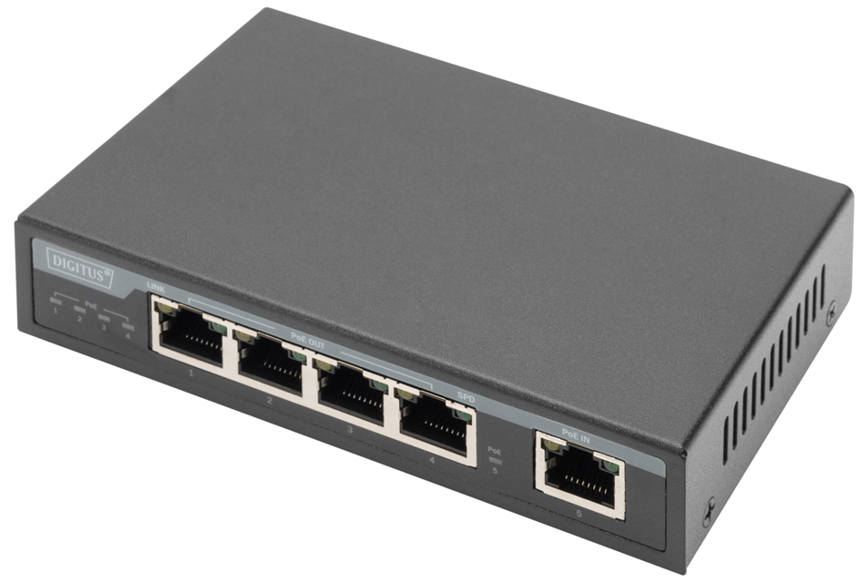 Digitus DN-95128-1 PoE extender in a sleek black metal casing with five Ethernet ports, designed to enhance network range with a data rate of 1 GBit/s.