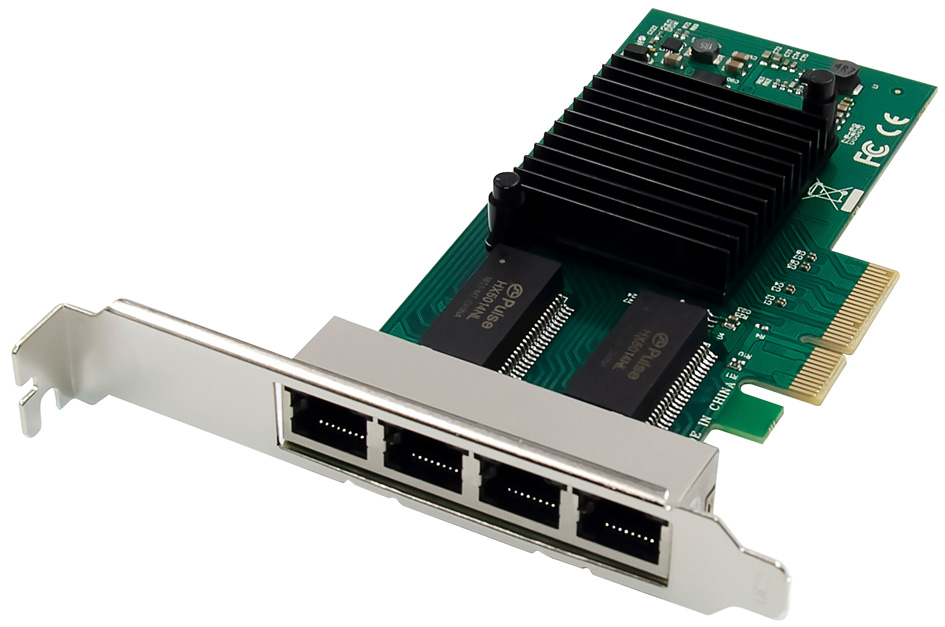 Digitus 4 Port Gigabit Ethernet Network Card in green and silver, featuring four RJ45 ports, a PCI Express connector, and a black heatsink for improved cooling.