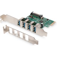 Digitus 4-Port USB 3.0 PCI Express card with green circuit board and four blue USB ports, includes silver bracket.