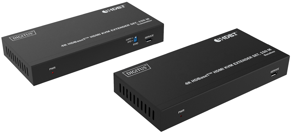 Black Digitus 4K HDBaseT™ HDMI KVM Extender Set with two units, featuring ports for power and service, designed for extending HDMI signals up to 150 meters.