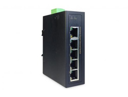 Black metal Ethernet switch with five ports, supporting 10/100/1000 MBit/s, featuring a green terminal block and LED indicators on one side.