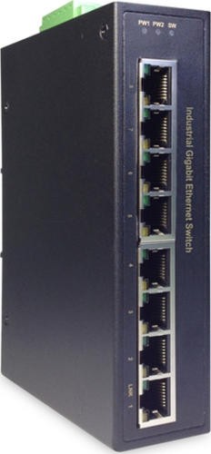Black metal industrial Ethernet switch with eight 10/100/1000 Mbps ports and green terminal block for power connection, featuring LED indicators for power and link status.