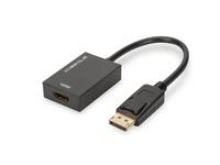 Black Digitus DisplayPort to HDMI adapter with a 20cm cable, designed for 4K UHD output, featuring a compact rectangular connector and a sturdy build.