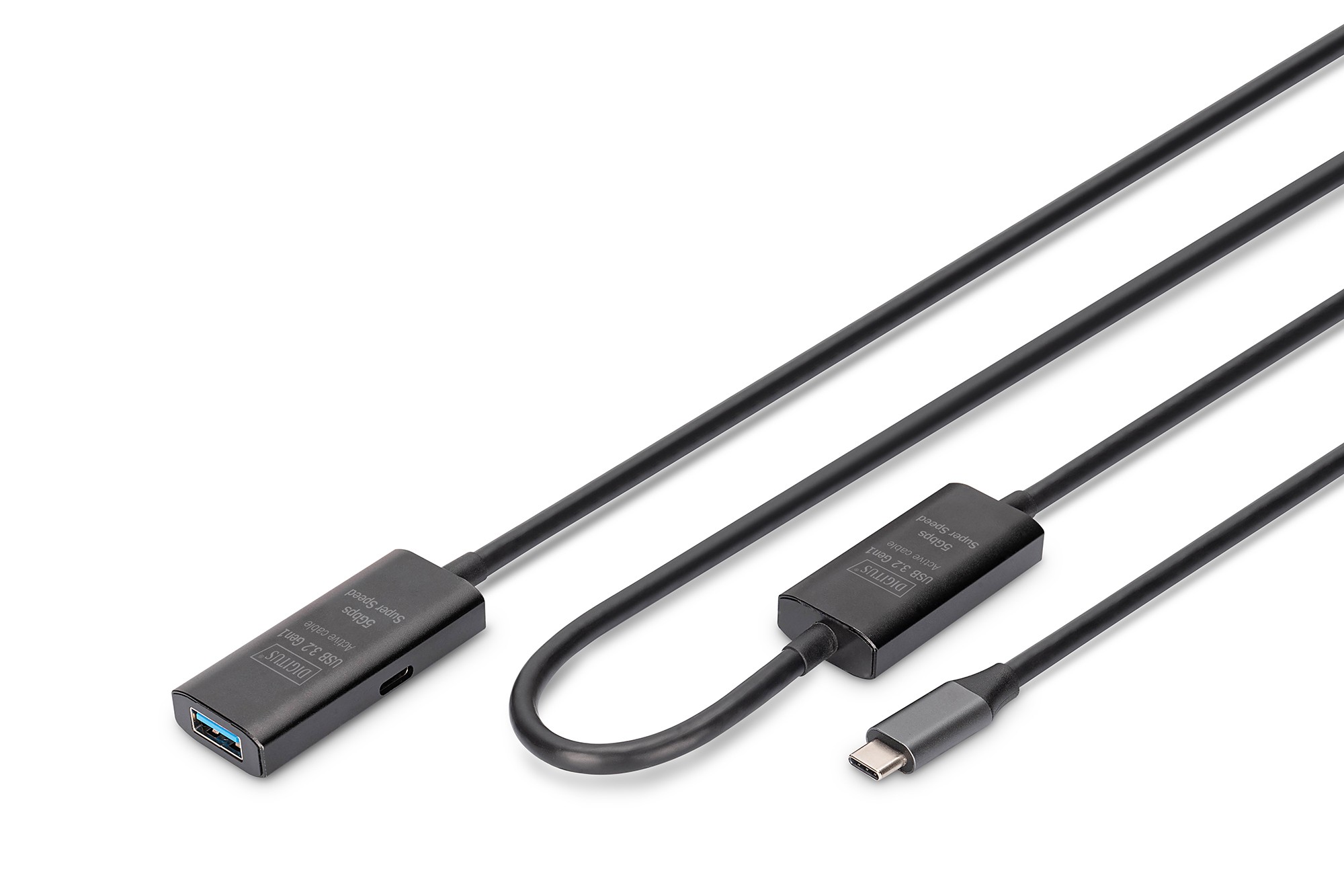Black Digitus Active USB 3.2 Gen1 5G extension cable, featuring a USB-C connector and a USB-A connector, with a total length of 10 meters, designed for high-speed data transfer.