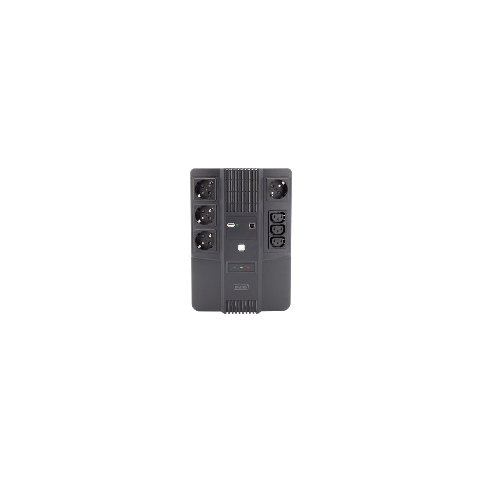 Black Digitus All-in-one UPS with a capacity of 600VA/360W, featuring multiple power outlets, LED indicators, and a compact design for efficient power backup.