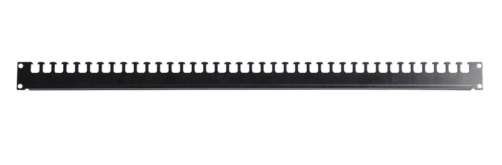Black metal cable support rail designed for 483 mm (19") network cabinets, featuring multiple cutouts for organized cable management and easy installation.