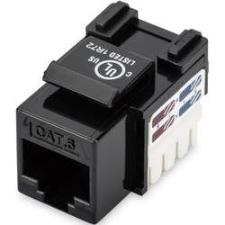 Black unshielded keystone module for CAT 6, featuring a snap-in design with color-coded wiring ports and labeled "C" and "U" for easy installation.