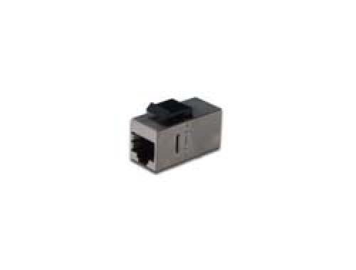 Grey RJ45 socket-to-socket network adapter with a compact design, featuring a black connector on top and an open socket on one end for easy Ethernet connections.