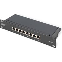 Black Digitus CAT 6 shielded patch panel with 8 numbered Ethernet ports and metal casing.