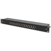 Black Digitus CAT 6 Class E patch panel with 24 RJ45 ports and labeled front panel in a rack-mountable design.