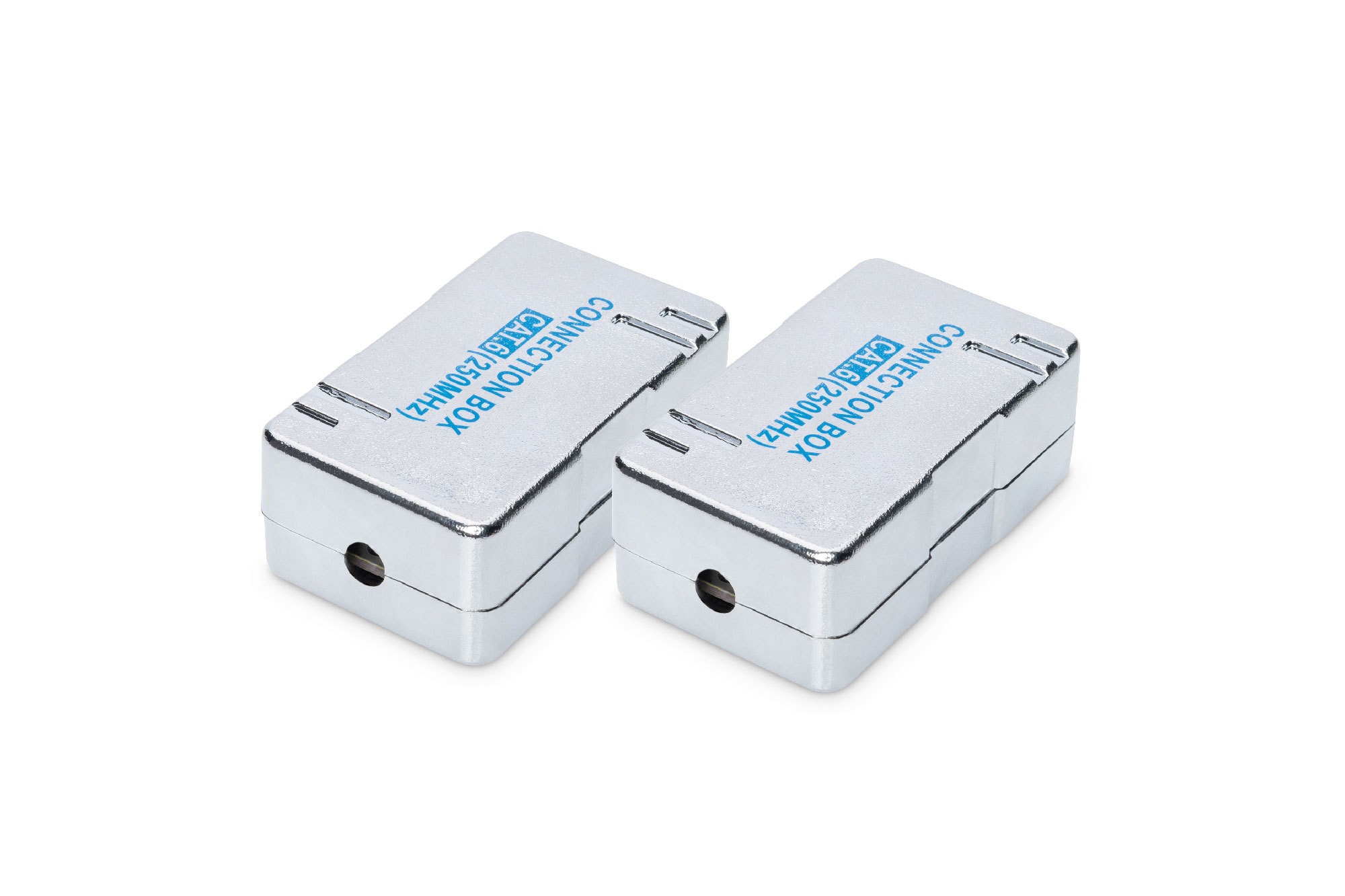 Two silver metal CAT 6 connection modules for twisted pair cables, featuring a blue label with "Digitus" and "Connection Box" text, designed for secure cable connections.