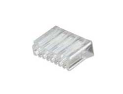 Clear, unshielded CAT 6 modular plug designed for round cables, featuring a pass-through design with eight gold-plated contacts for reliable connectivity.