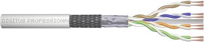 Digitus CAT 6 SF/UTP twisted pair patch cord in silver and black, featuring multiple color-coded twisted wires for data transmission, labeled "DIGITUS PROFESSIONAL."
