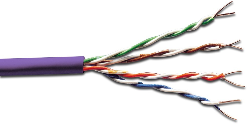 Purple CAT 6 U/UTP installation cable with four twisted pairs of wires in various colors, designed for networking, measuring 305 meters in length, labeled Eca.