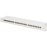 White Digitus CAT 6A shielded patch panel with 24 RJ45 ports and labeled front panel in a rectangular metal frame.