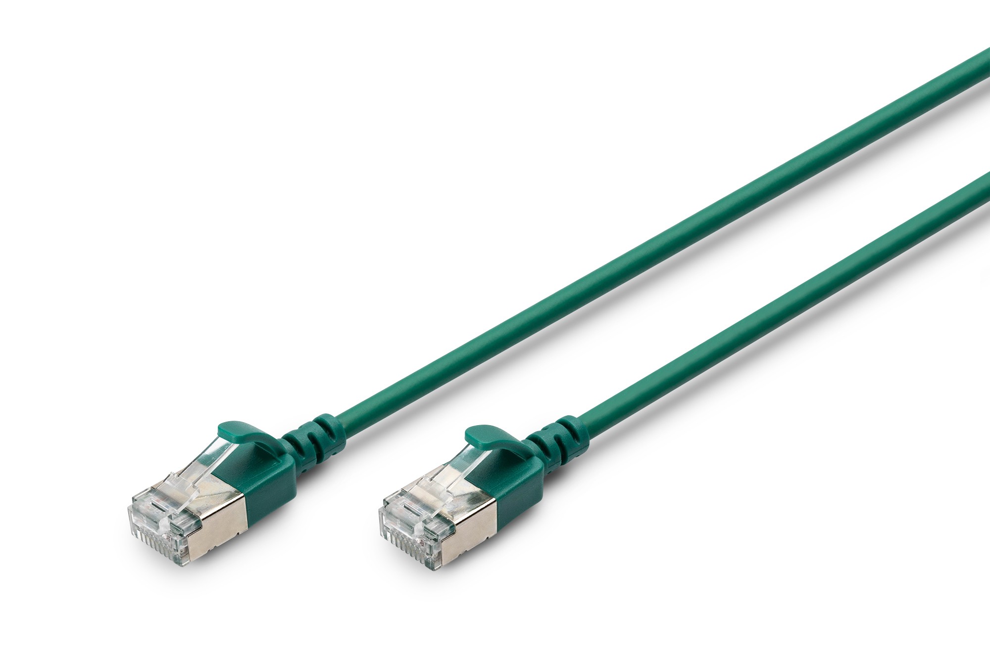 Green Digitus CAT 6A F-FTP slim patch cord, 0.5m long, featuring two transparent connectors with metal contacts on each end.