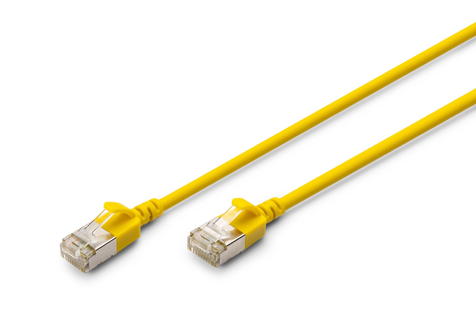 Yellow Digitus CAT 6A F-FTP slim patch cord, 0.5 meters long, featuring clear connectors on both ends for high-speed network connectivity.