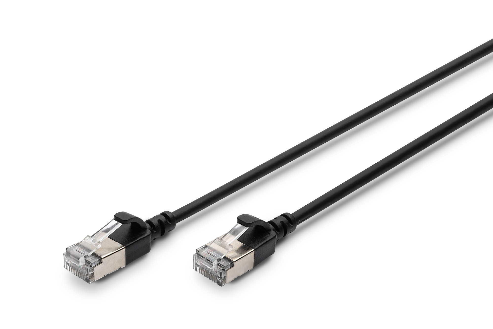 Black Digitus CAT 6A F-FTP Slim Patch Cord, 1.5 meters long, featuring two transparent connectors at each end for high-speed data transmission.