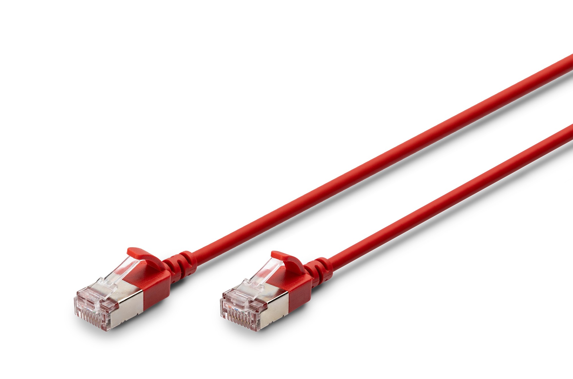 Red Digitus CAT 6A F-FTP slim patch cord, 5 meters long, featuring transparent connectors on both ends for high-speed data transmission.