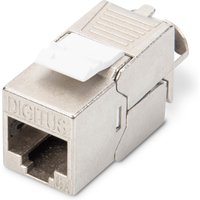 Shielded Digitus CAT 6A Keystone module, metallic finish, tool-free mounting, white latch on top.