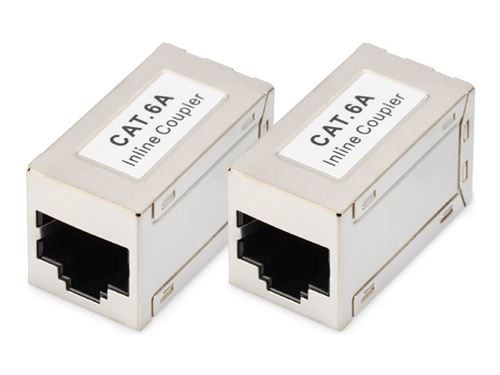 Two shielded CAT 6A modular couplers in silver metal, featuring RJ45 ports on both ends, labeled with "CAT 6A Inline Coupler" for high-speed network connections.
