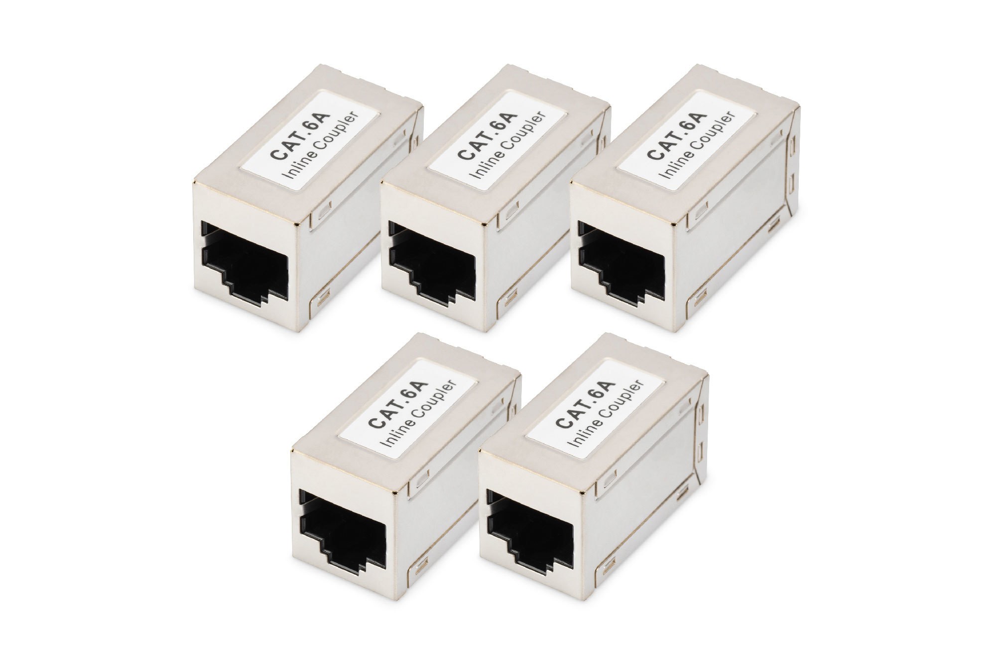 Five shielded Digitus CAT 6A modular couplers in white plastic, featuring black Ethernet ports and labeled for easy identification.