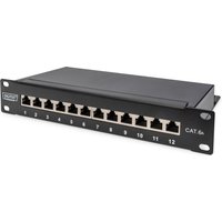 Black Digitus CAT 6A patch panel, shielded, 12-port, 1HE, 10-inch, with numbered ports and mounting brackets.