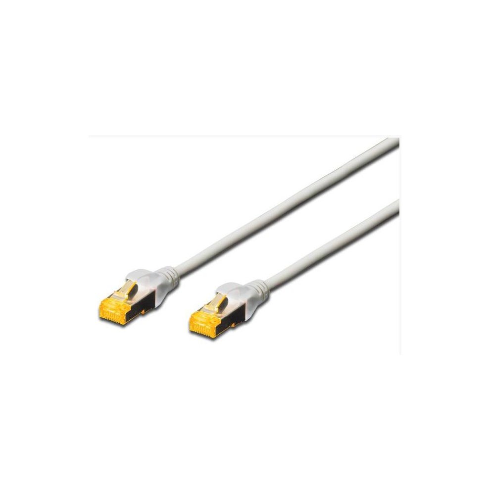 Grey halogen-free RJ45 patch cable, 0.25m long, featuring yellow connectors on both ends, designed for CAT 6A networking applications.