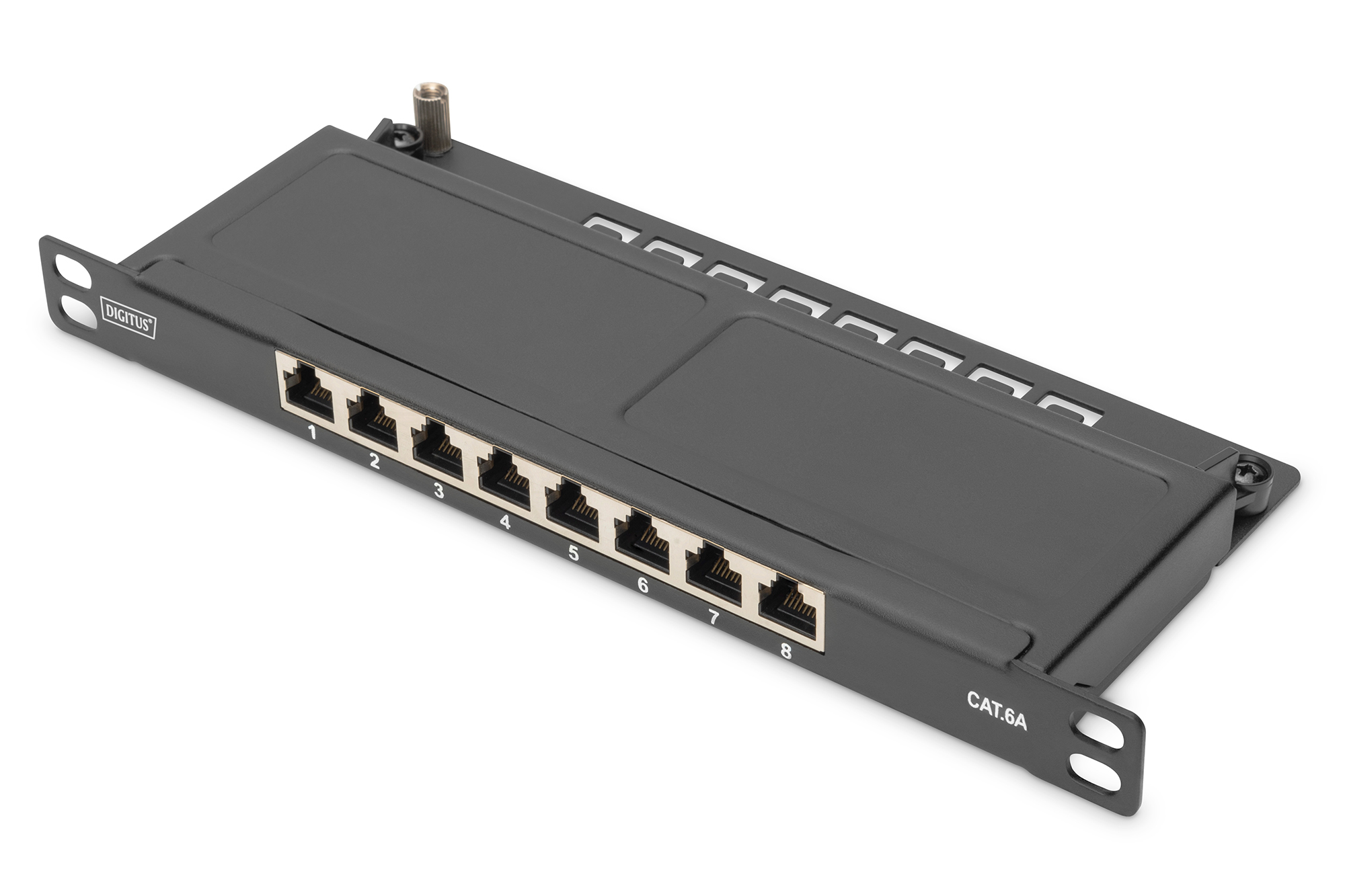 Black shielded 8-port CAT 6A slim patch panel, 0.5 U height, featuring numbered ports and a metal casing for durability, designed for efficient network management.