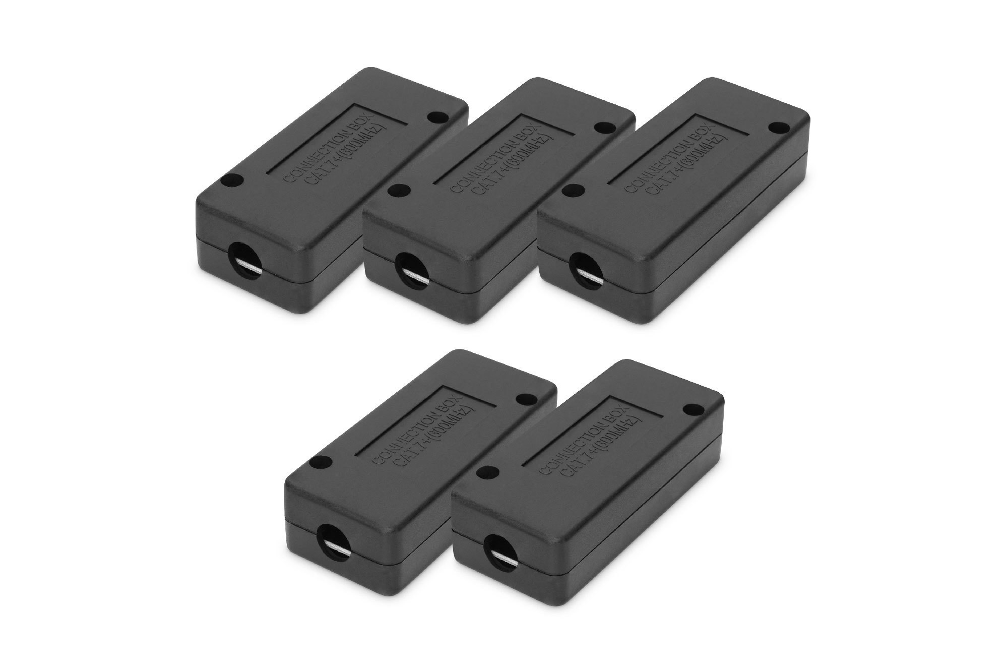 Five black Digitus CAT 7 connection modules, rectangular in shape, featuring a small hole on one end and embossed labeling on the top surface, arranged in a staggered layout.