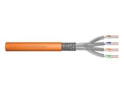 Orange CAT 7 S/FTP data cable with a durable outer sheath, featuring multiple twisted pairs of wires in various colors for high-speed data transmission, 100 meters long.