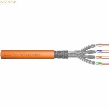 Orange CAT 7 S/FTP cable with a 1200 MHz rating, featuring a durable outer sheath and multiple twisted pairs for enhanced performance, measuring 50 meters in length.