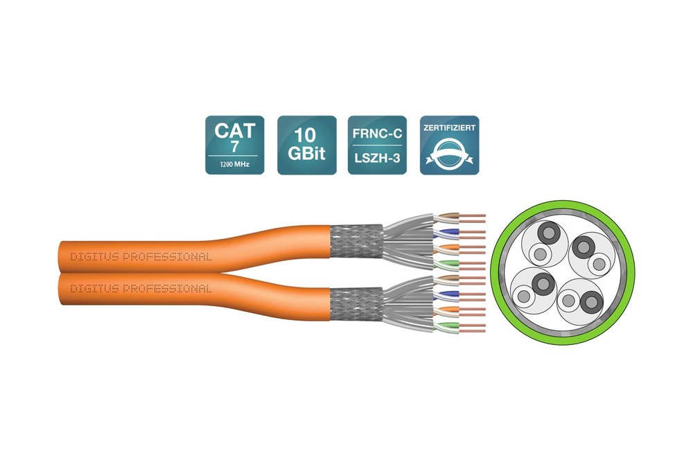 Digitus CAT 7 S/FTP data cable in orange, featuring a duplex design with six internal wires, rated for 10 GBit and 120 MHz, and marked with FRNC-C and LSZH-3 certifications.