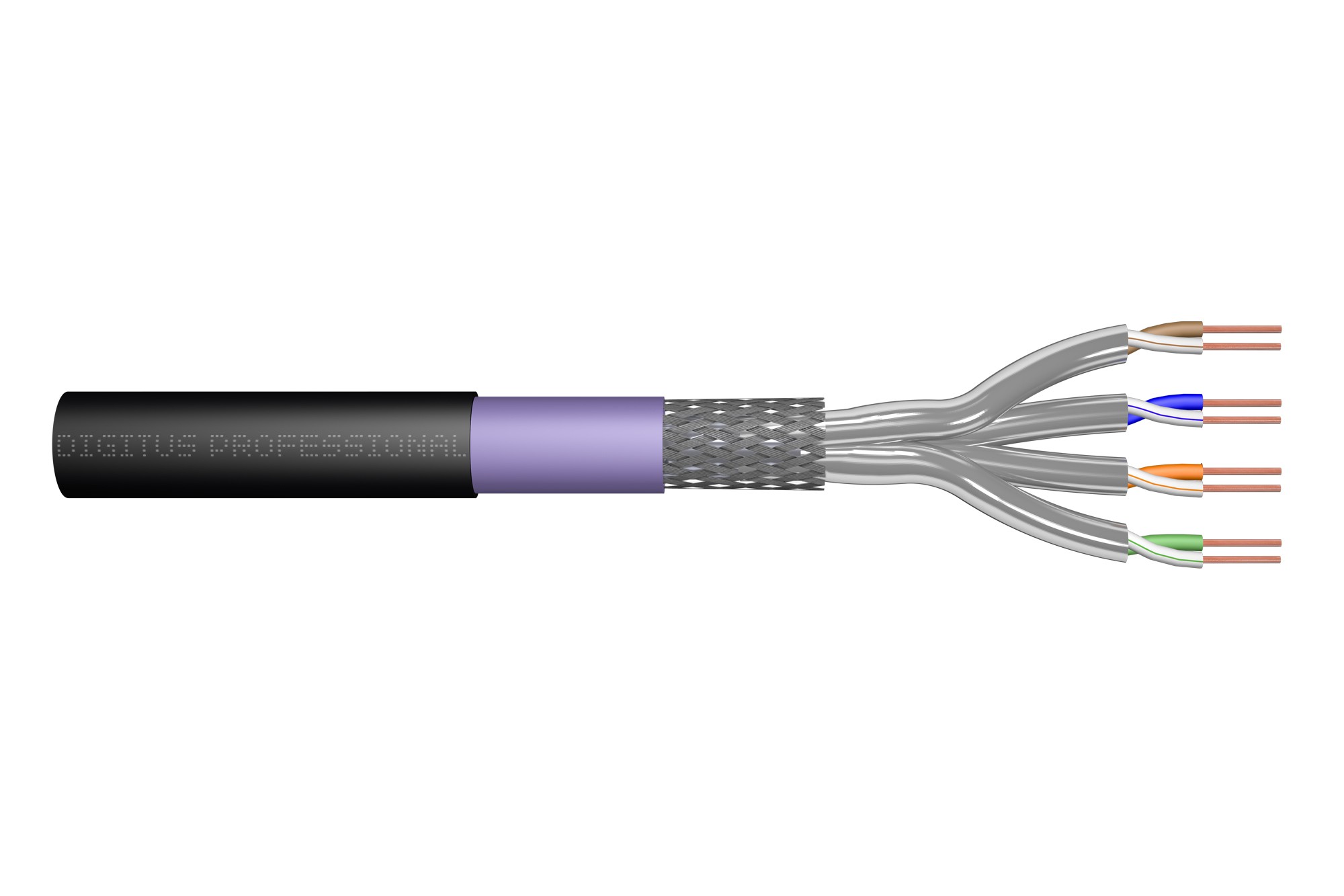 Digitus CAT 7 S/FTP data cable featuring a robust black outer jacket, purple section, and multiple twisted pairs with color-coded wires for underground installation.