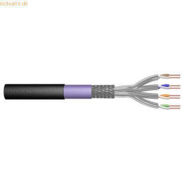 Black and purple Digitus CAT 7 S/FTP data cable designed for underground installation, featuring multiple twisted pairs with copper connectors, 500 meters in length.