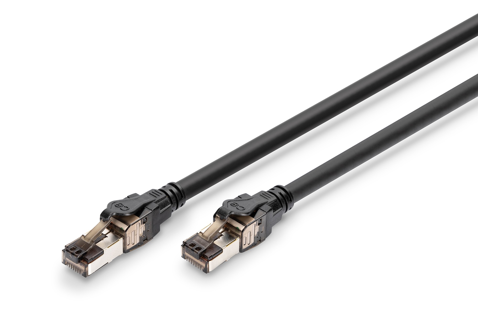 Black Digitus CAT 8.1 S/FTP patch cable, 3 meters long, featuring gold-plated connectors and durable plastic housing on both ends.