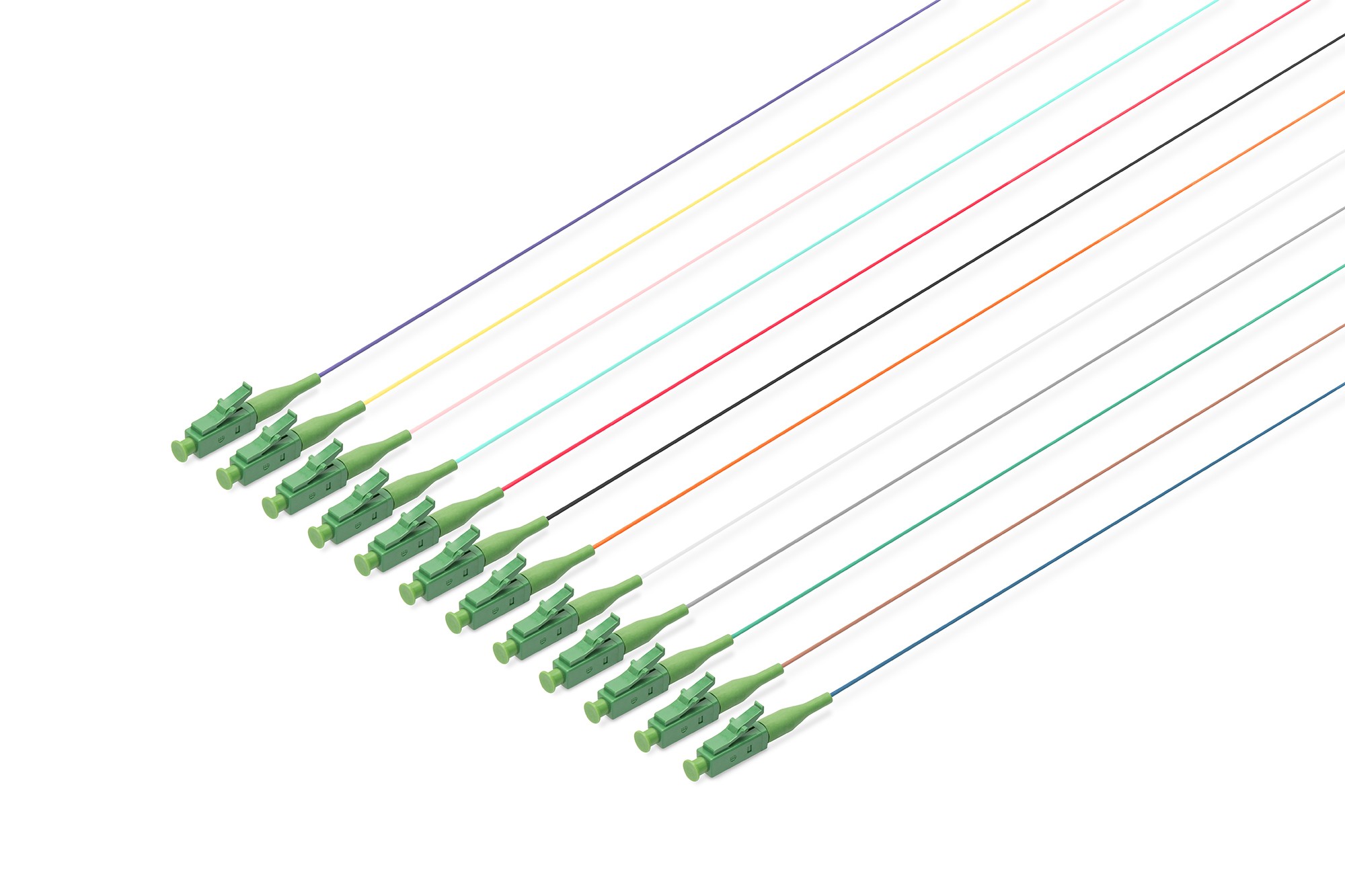 Digitus Colored Pigtails in various colors with LC/APC connectors, featuring a simplex design and OS2 09/125 µ specifications, arranged in a neat row.