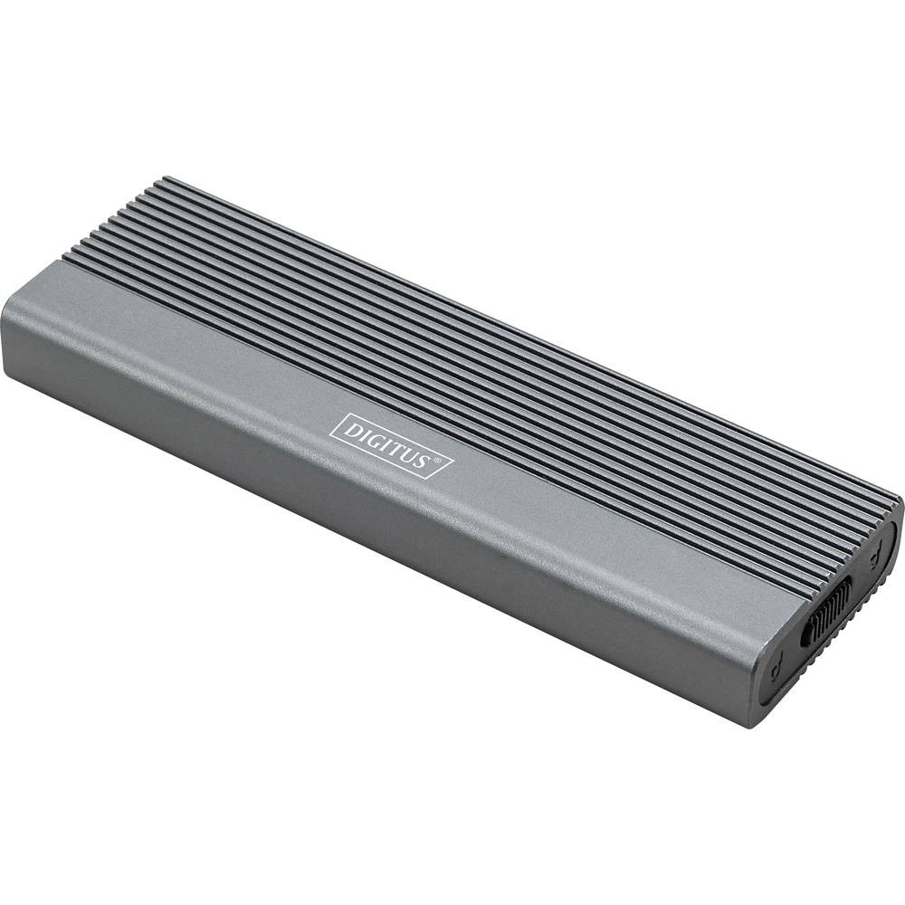 Silver aluminum M.2 SSD enclosure with ribbed texture, featuring USB-C 3.2 port, designed for PCIe NVMe drives sized 2230-2280, branded with "DIGITUS" logo.