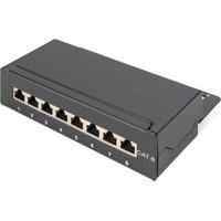 Black Digitus Desktop CAT 6 patch panel with eight numbered ports and shielded metal casing.