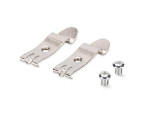 Steel rail-mount network adapters in silver, featuring two clips and two screws, designed for DIN rail installation, showcasing a sleek, durable metal construction.